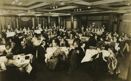 April 13, 1932 - Photo of a season kickoff dinner held each spring at the Northland ballroom to rally volunteer solicitors to sell subscriptions for the next fall's concert series.